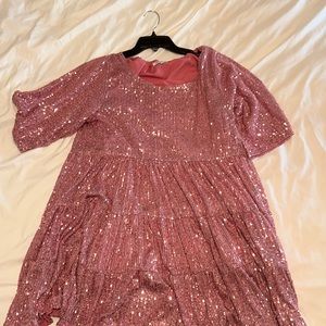 Amazing lace pink sequin babydoll dress